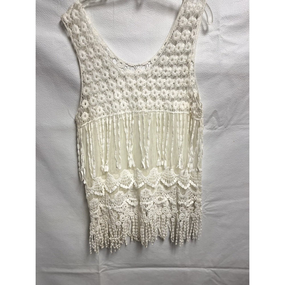 White Crochet Lace Tank Top Fringe Netting Boho Retro Vintage Look Small
